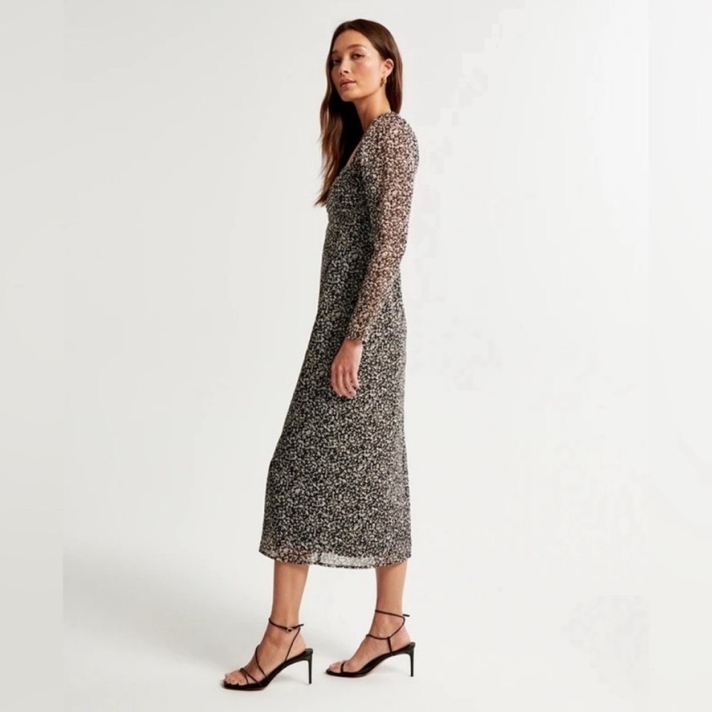 Abercrombie & Fitch Emerson Chiffon Black White Floral Long Sleeve Midi Dress - Picture 2 of 6